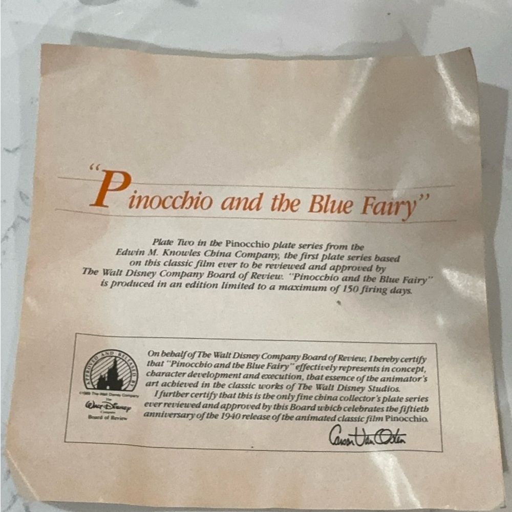 Disney Knowles Pinocchio #2 Pinocchio and the Blue Fairy Ceramic Plate Limited - Picture 8 of 17
